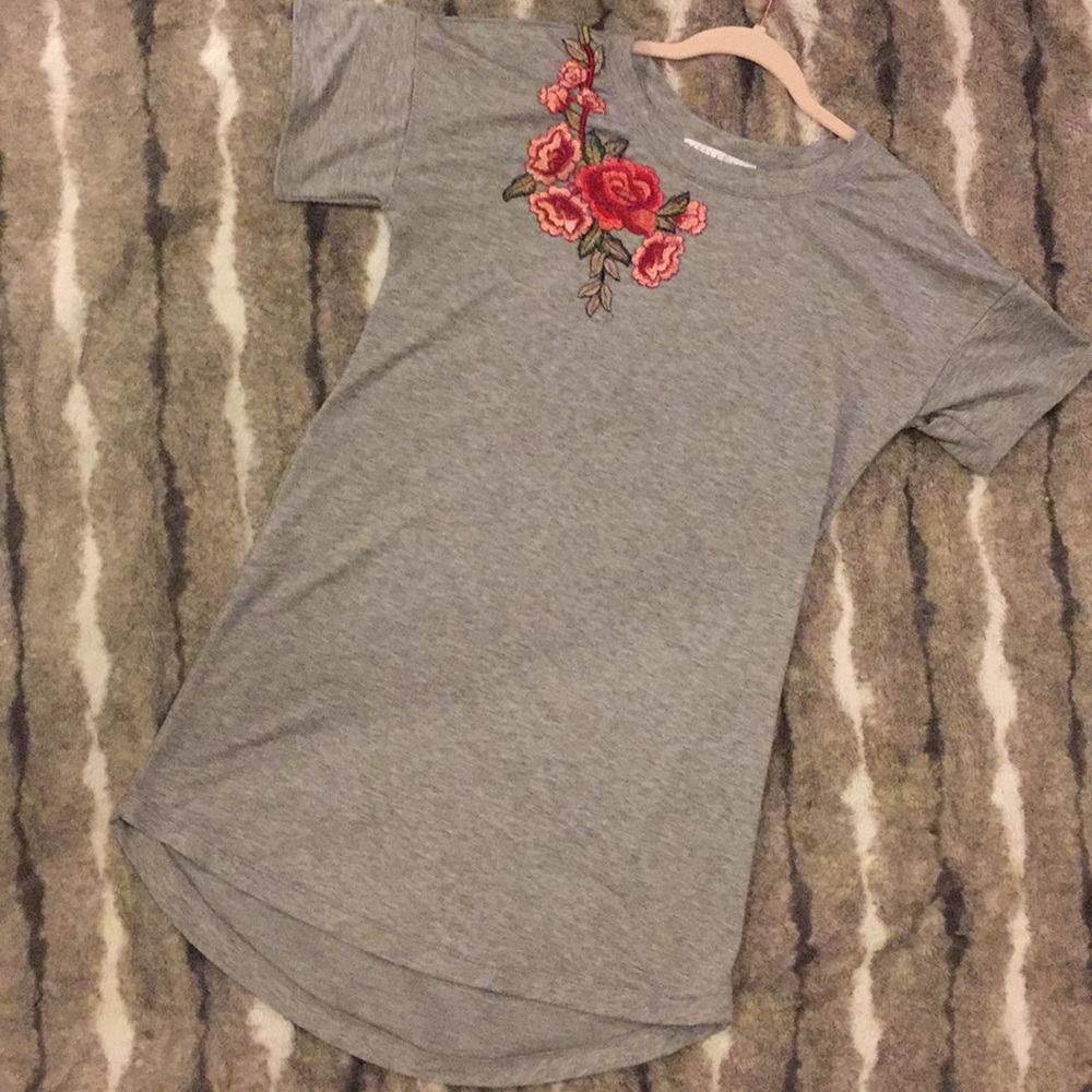 Grey T-Shirt Dress with Floral Patch